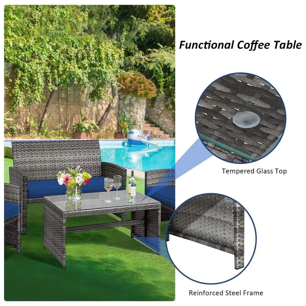 4 Piece Wicker Patio Furniture Set with Soft Cushions Tempered Glass Coffee Table