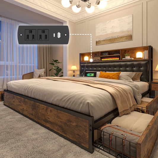 Full/Queen/King Bed Frame with Charging Station and 4 Storage Drawers, Platform Bed