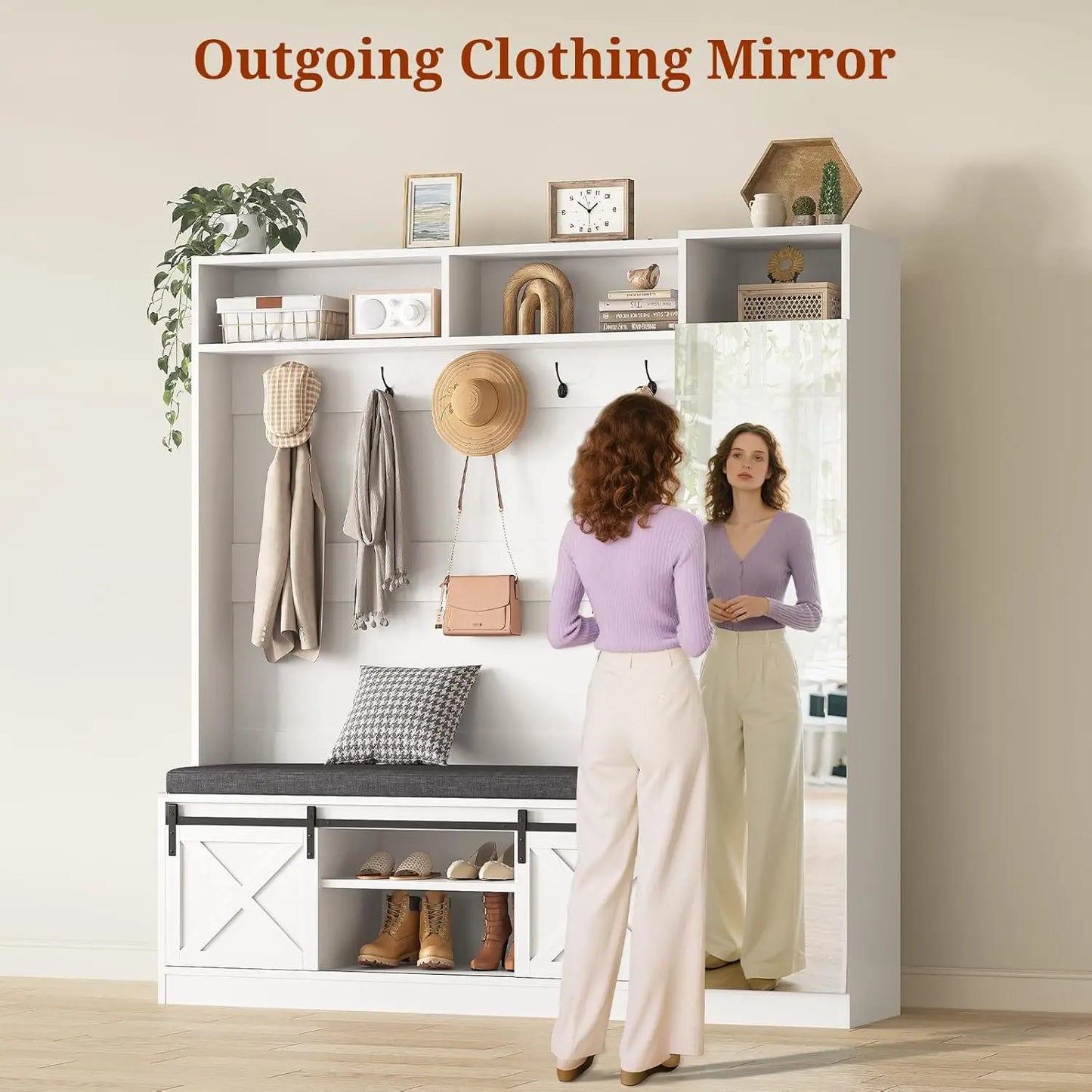 Entryway Bench and Shoe Storage,  Coat Rack with Tall Mirror, Farm House Barn Door 4-in-1 Hall Tree, Customized