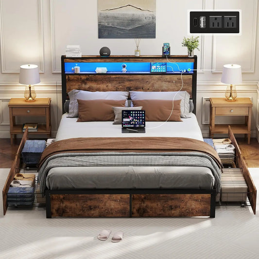 Queen Bed Frame with Storage Headboard and 4 Drawers, Metal Platform