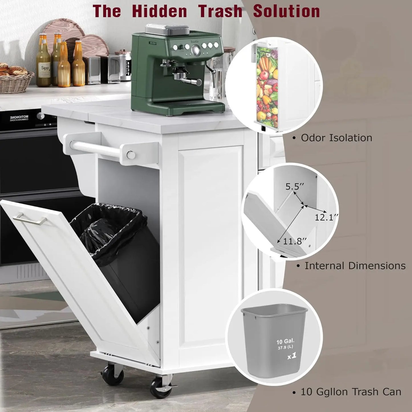 50.7" Rolling Kitchen Island Cart with Faux Marble Top Drop Leaf with Trash Can Storage Cabinet