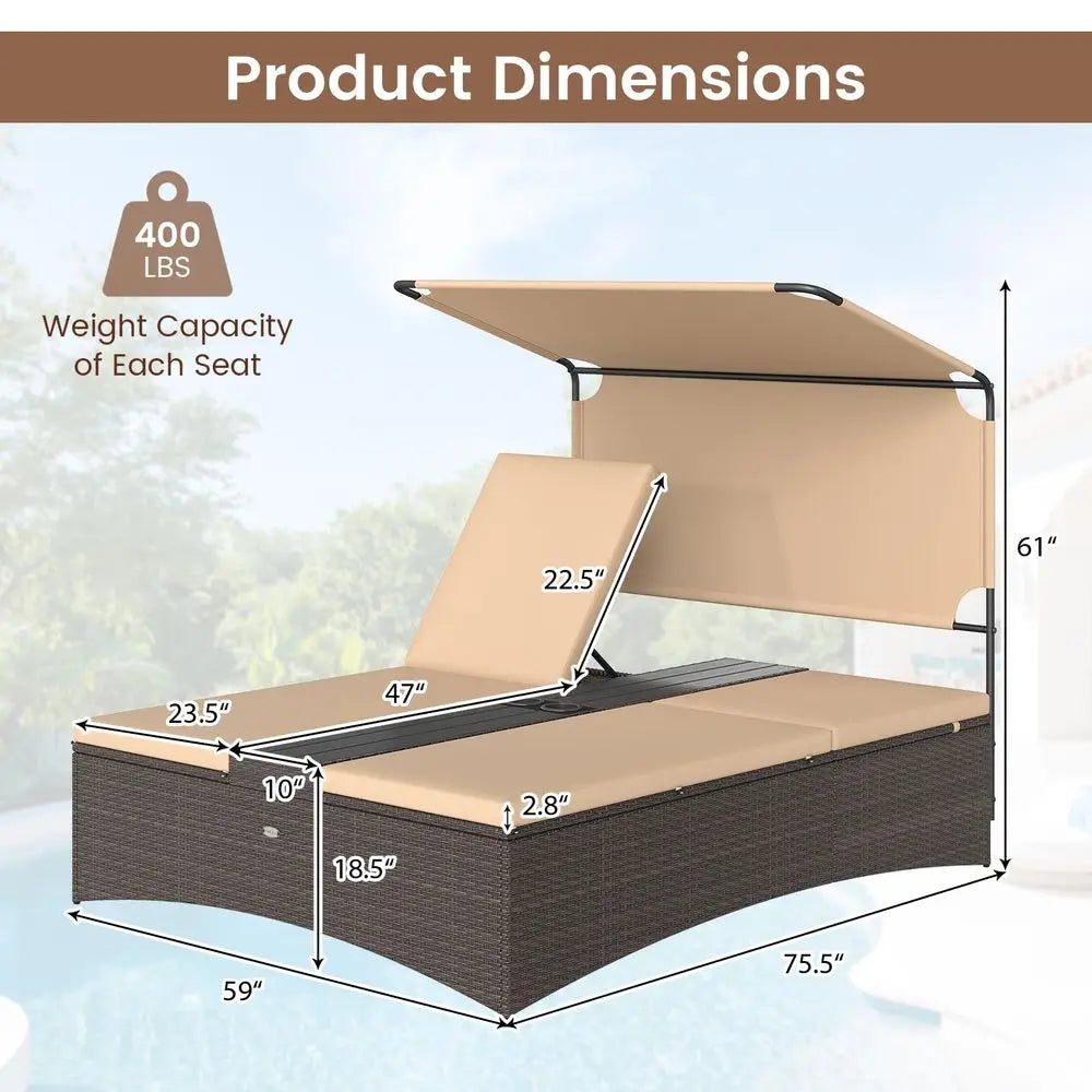 Outdoor Rattan Daybed with Canopy – 2‑Person Wicker Patio Day Bed with 4‑Level Adjustable Backrests, Cushions & Side Table