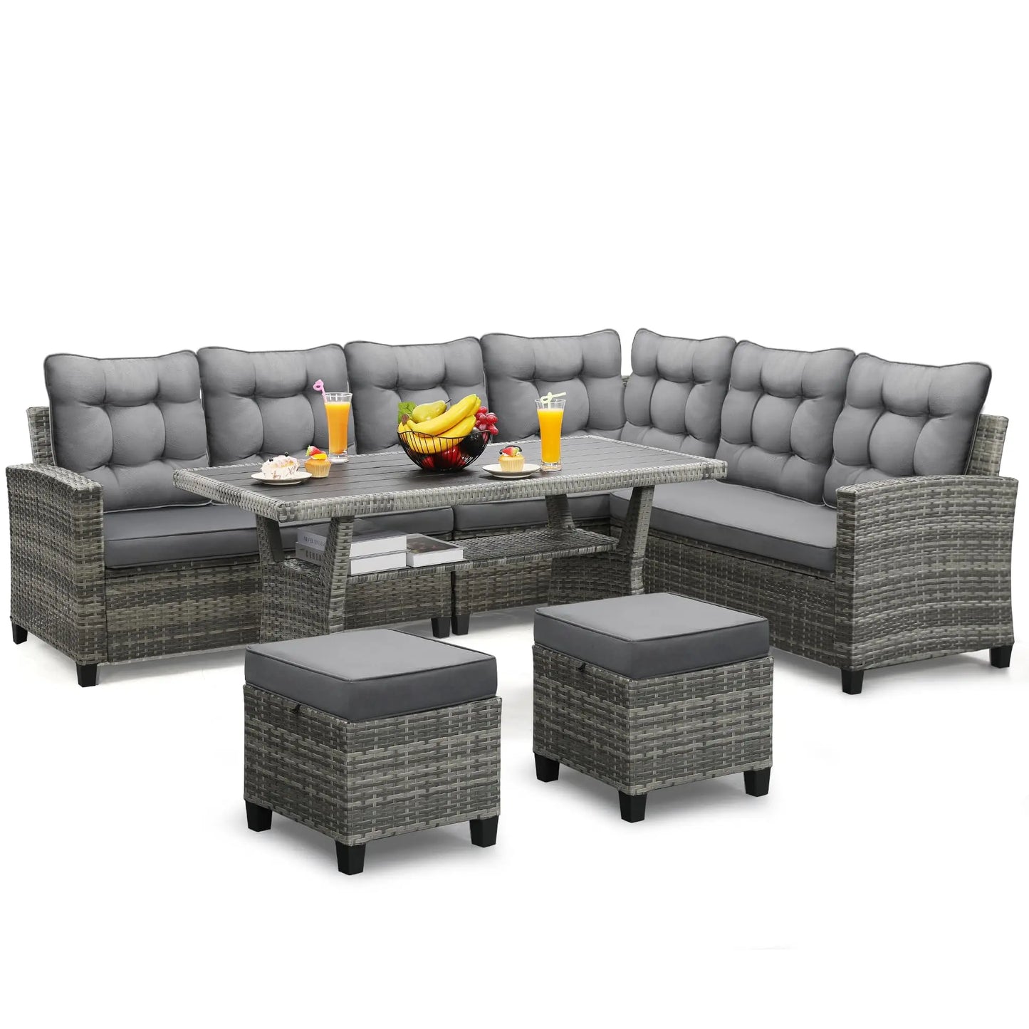 4‑Piece All‑Weather Rattan Sectional Sofa – Outdoor Patio Furniture Set with Cushions & Tempered Glass Table