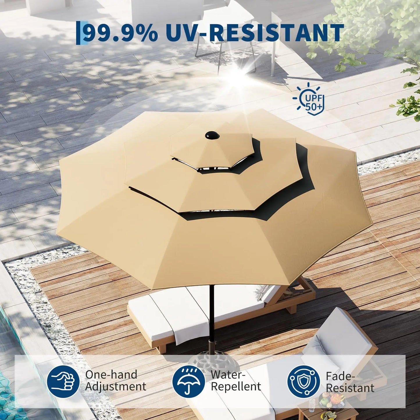 10FT 3‑Tier Patio Umbrella – Vented Outdoor Market Umbrella with Crank & Tilt, Fade‑Resistant Sunshade