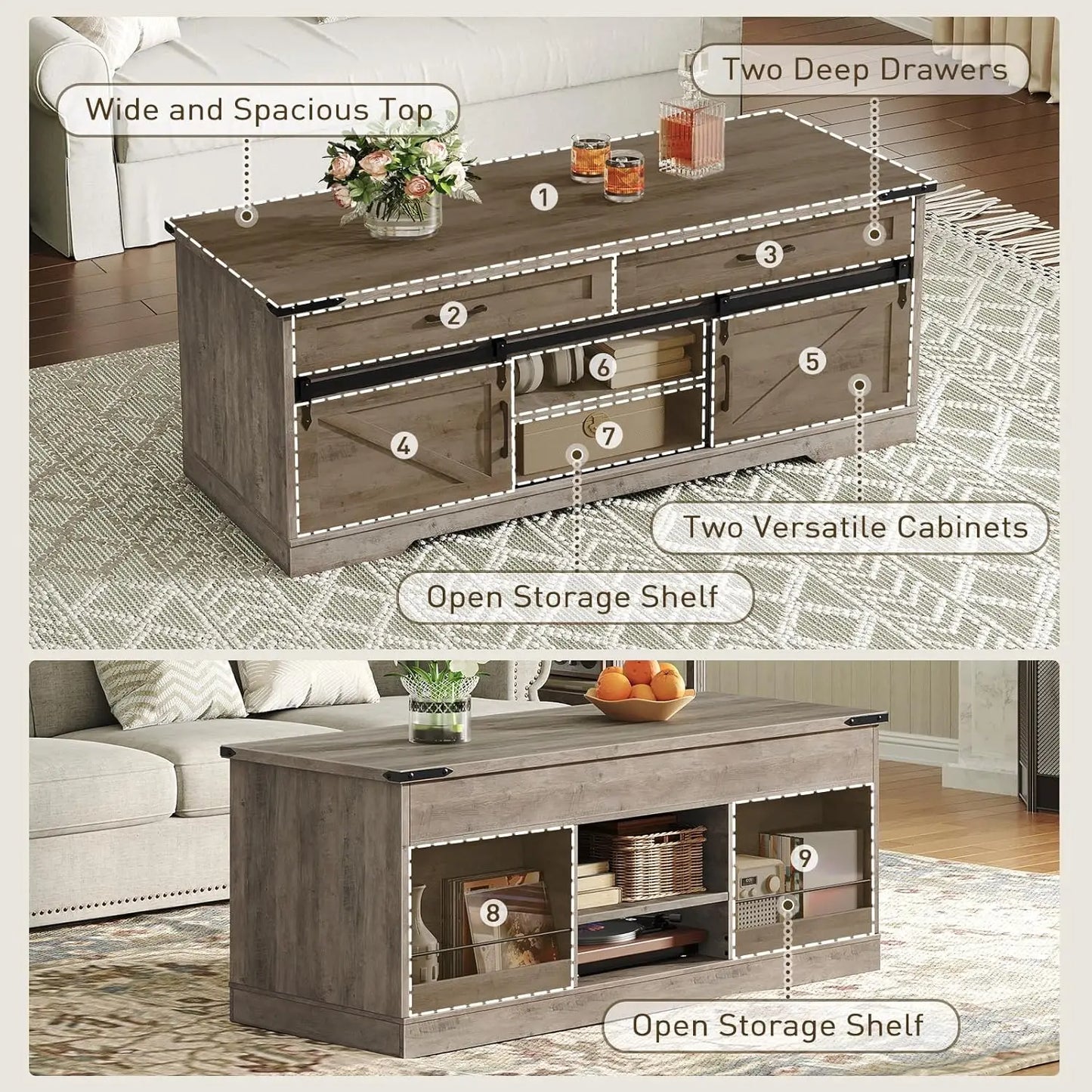 47" Farmhouse Coffee Table with 2 Drawers and Sliding Barn Doors for Storage