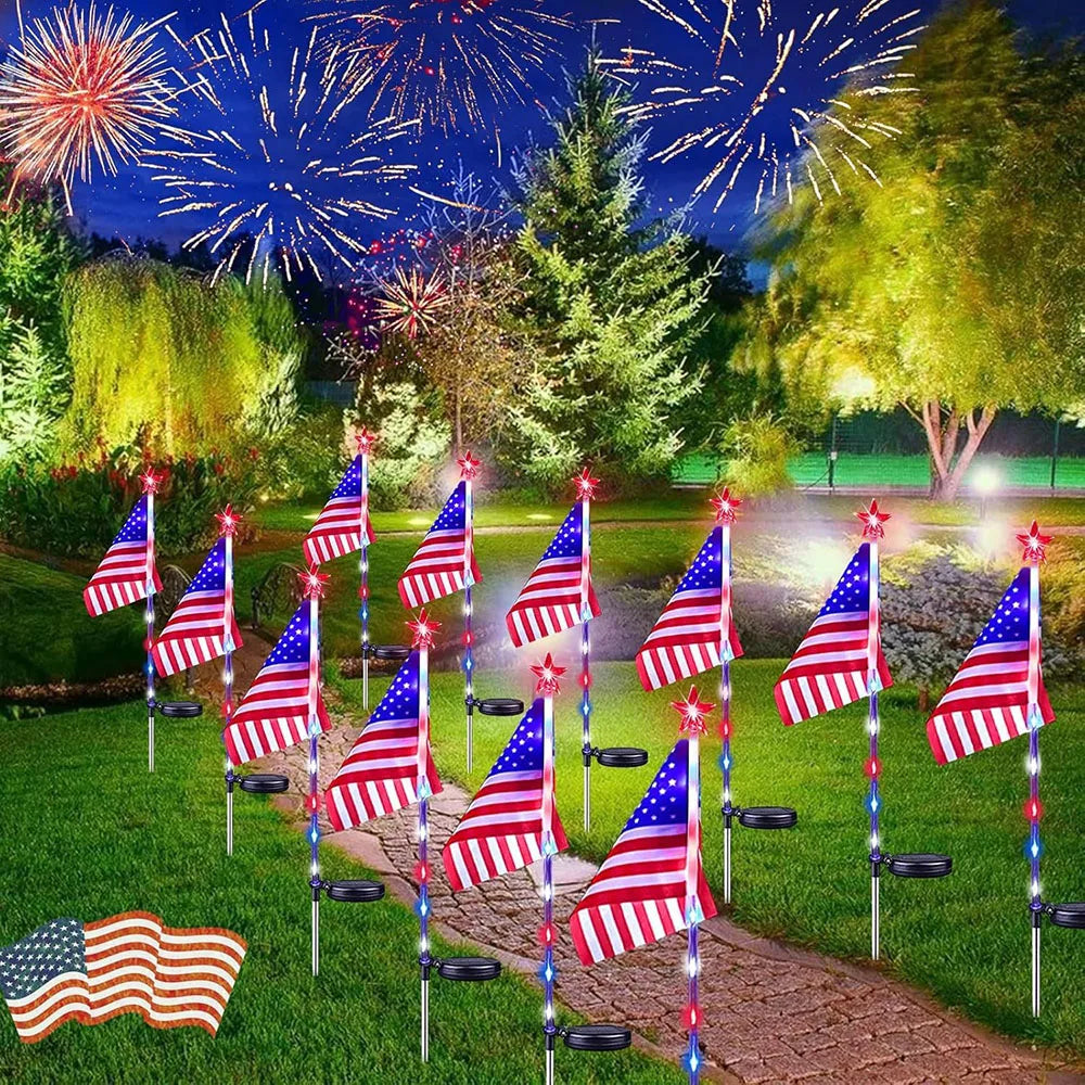 8-PCS USA Flag LED Solar Lights – Patriotic 4th of July Yard & Garden Stakes for Independence Day