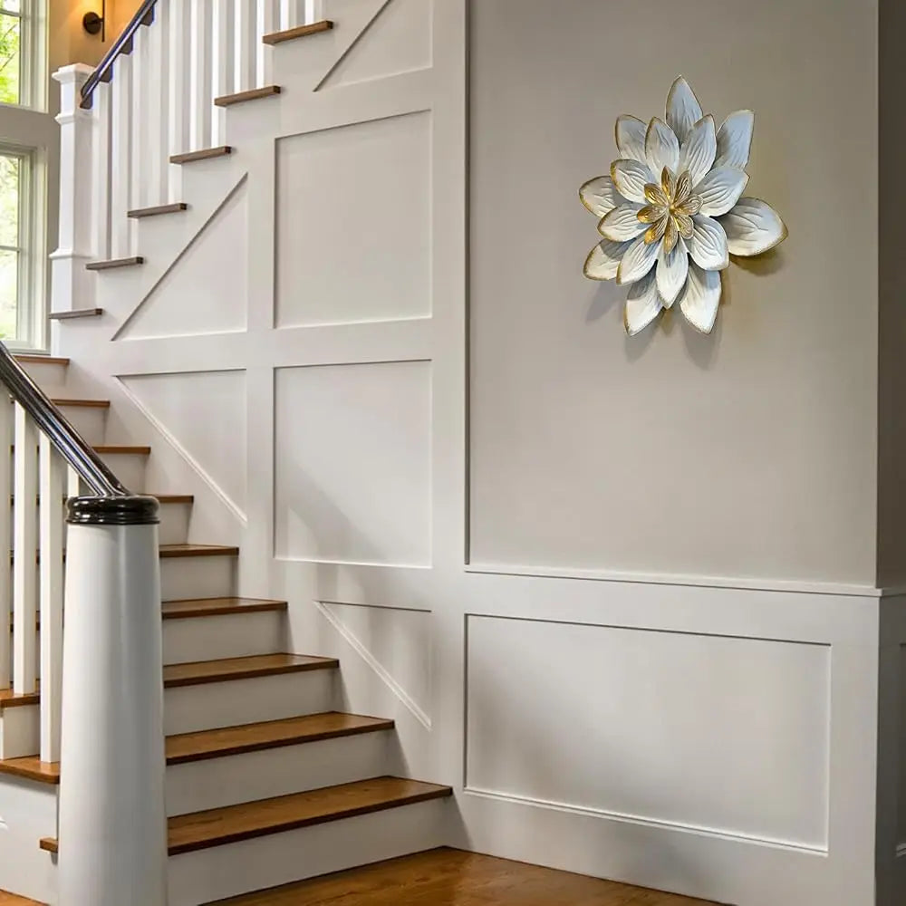 9“ White and Gold Metal Flower Wall Art, Modern Rustic Floral Decor for Indoor Living Room, Bedroom, Office, or Outdoor