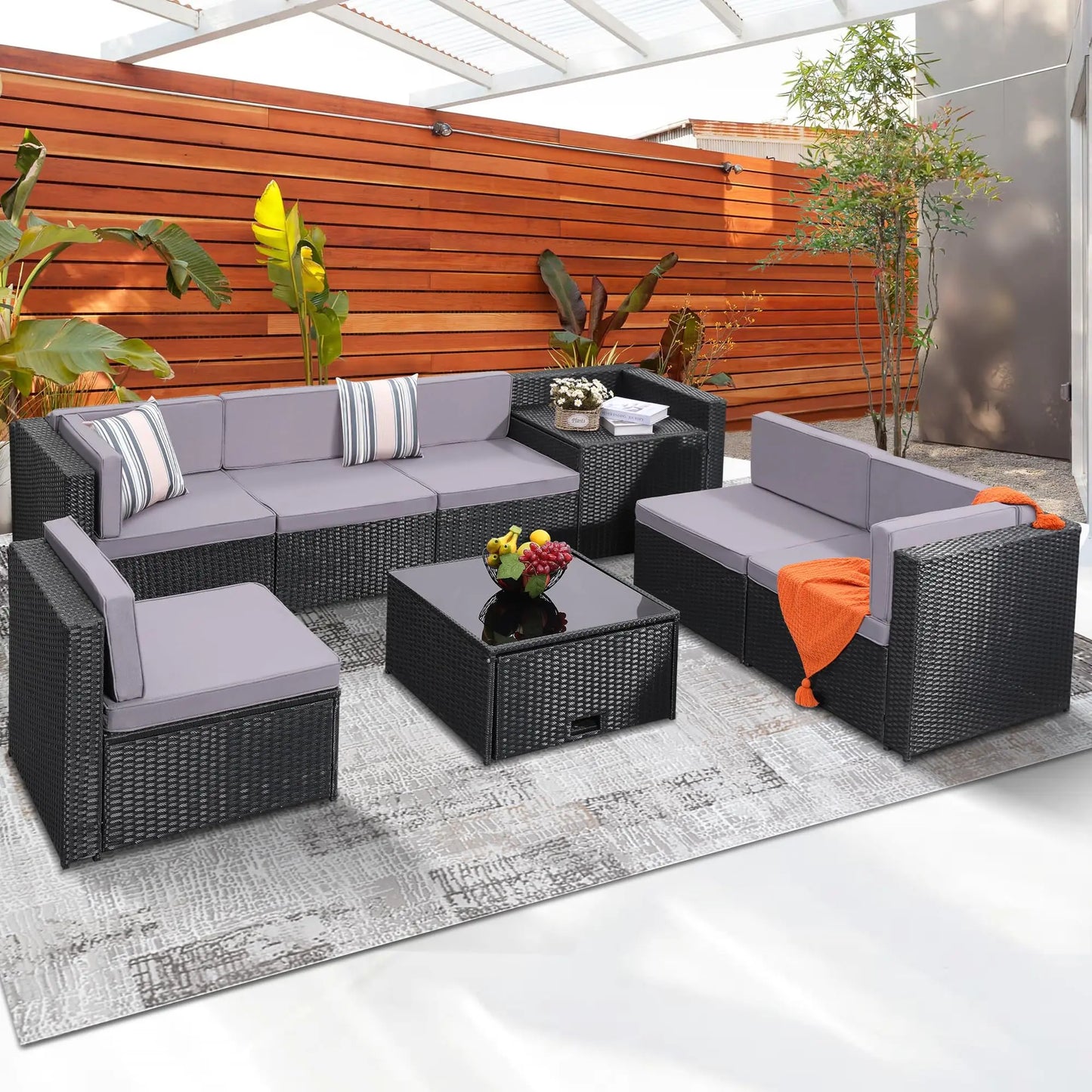 4‑Piece All‑Weather Rattan Sectional Sofa – Outdoor Patio Furniture Set with Cushions & Tempered Glass Table