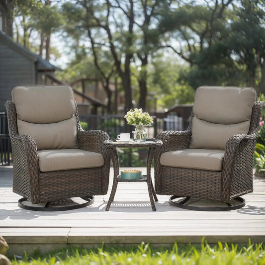 High Back Outdoor Swivel Rocker Patio Chairs Set of 2, with 5-Inch Thick Cushions and Side Table, All-Weather