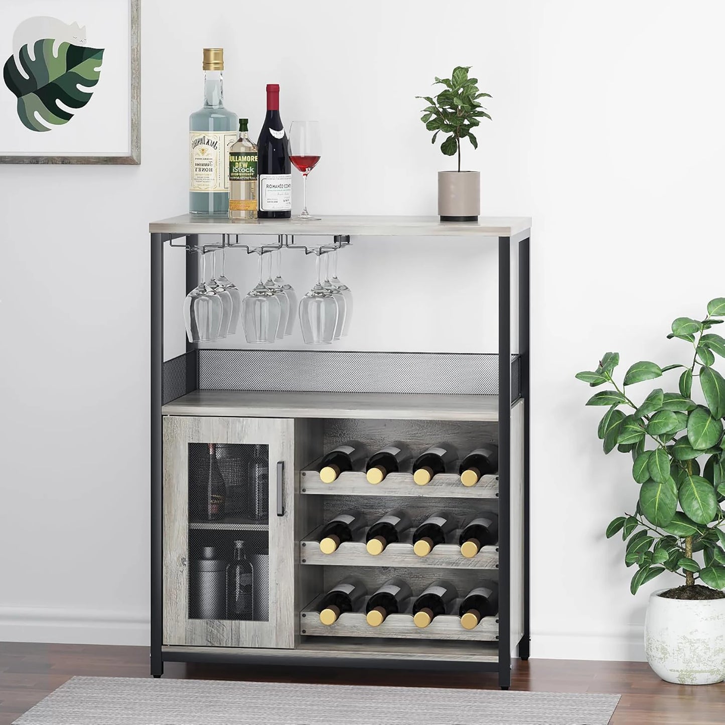Vintage 3-Tier Wine Bar Cabinet With Adjustable Shelves & Glass Holder