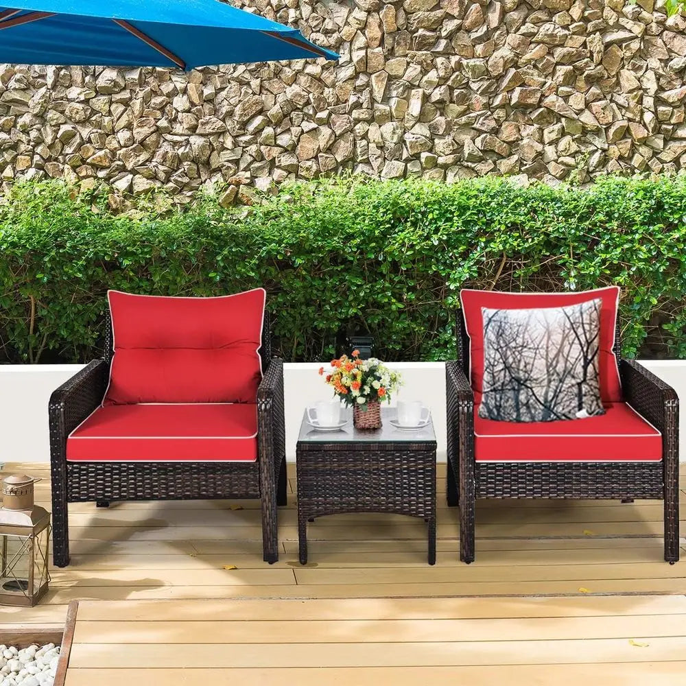 3‑Piece Outdoor Patio Furniture Set – Wicker Chairs with Glass‑Top Coffee Table & Thick Cushions