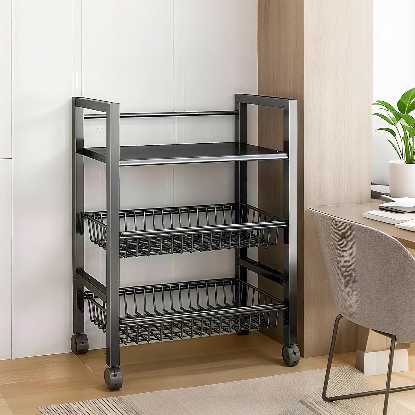 3‑Tier Mobile Kitchen Storage Rack – Adjustable Shelves with 2 Wire Baskets & Organizer