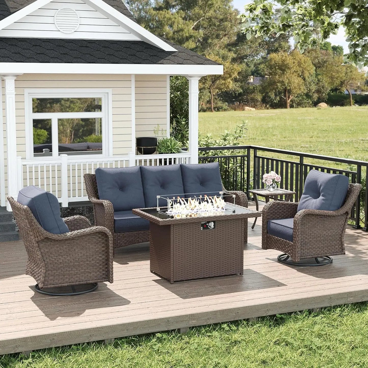 5‑Piece Patio Furniture Set – Wicker Swivel Rockers with High Backs, 6" Cushions & Fire Pit Table