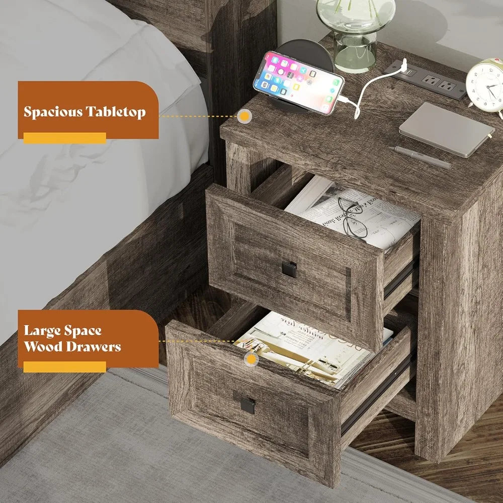 Set of 2 Farmhouse Nightstands – Rustic Bedside Tables with Storage & Charging Outlets