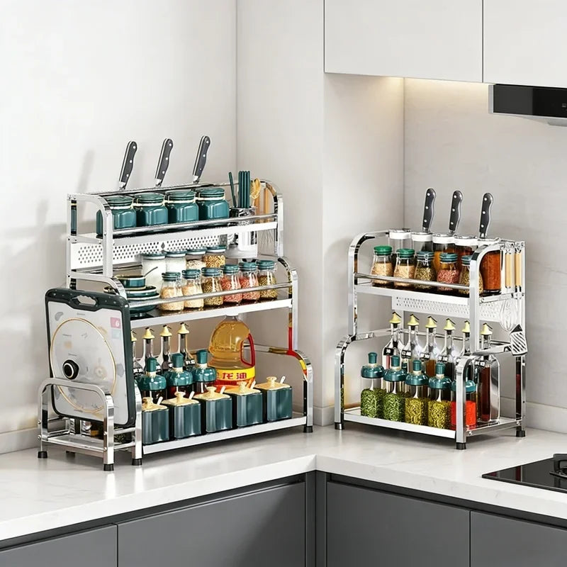2/3 Kitchen Layer Stainless Steel Organizer Spice Rack - Seasoning Storage Frame - Knife Chopsticks Arrangement - Household Daily Use