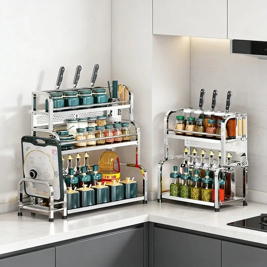 2/3‑Tier Stainless Steel Kitchen Organizer – Spice Rack & Seasoning Storage with Knife and Chopstick Holder
