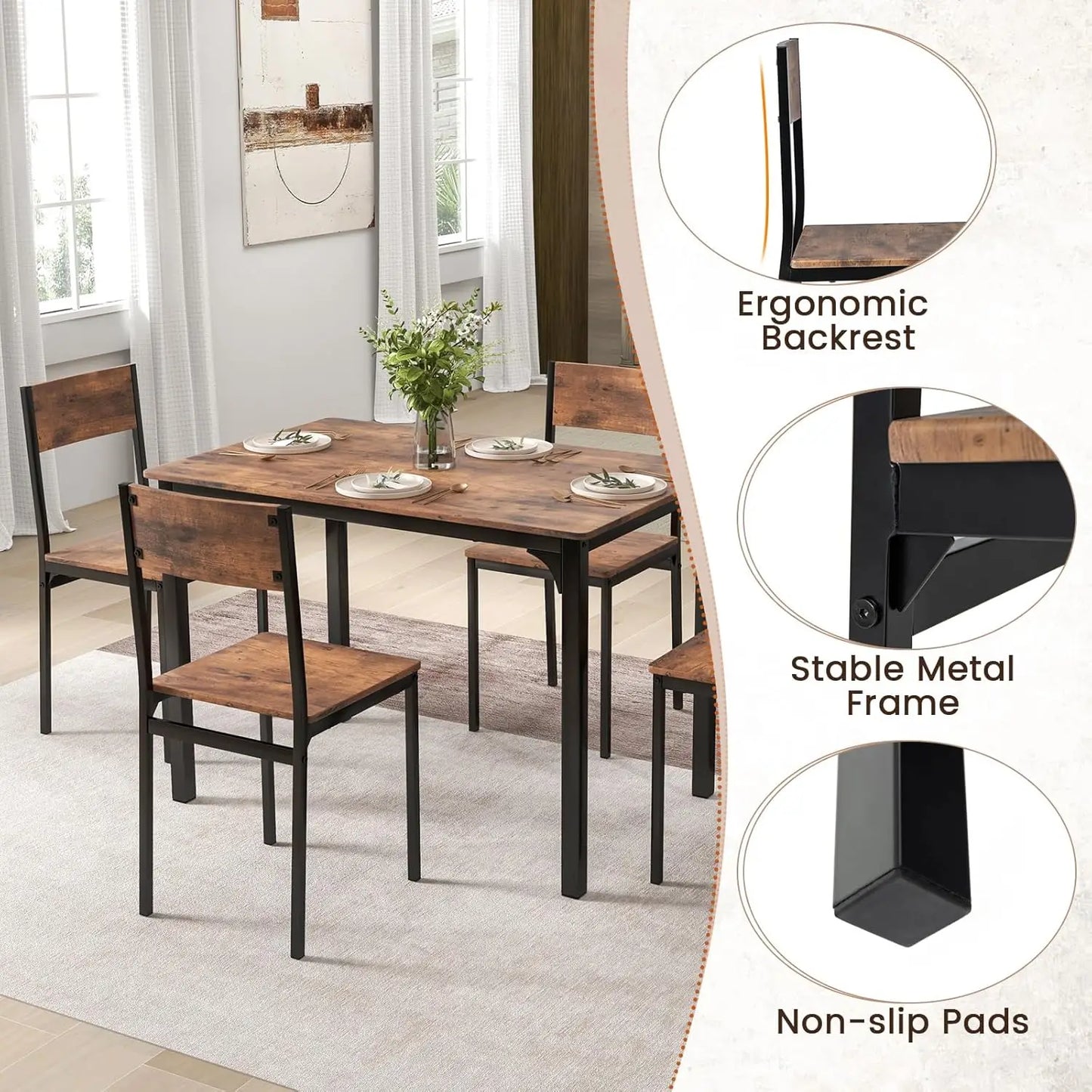 5-Piece Dining Table Set - Table and 4 Chairs with Backrest and Metal Frame