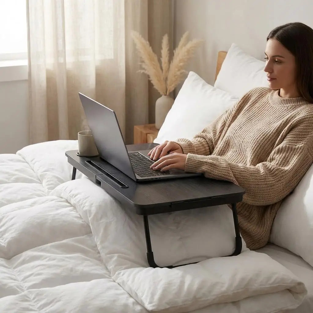 Large Foldable Laptop Tray – Bed/Sofa Desk with Cup Holder & Tablet Slot for Eating, Writing & Studying