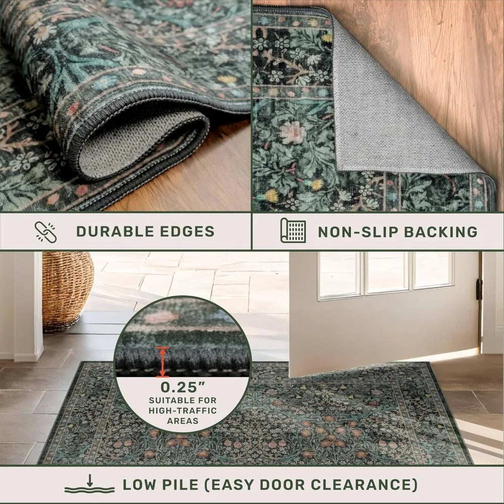Elegant Dark Green Area Rug – 8x10 Washable Design