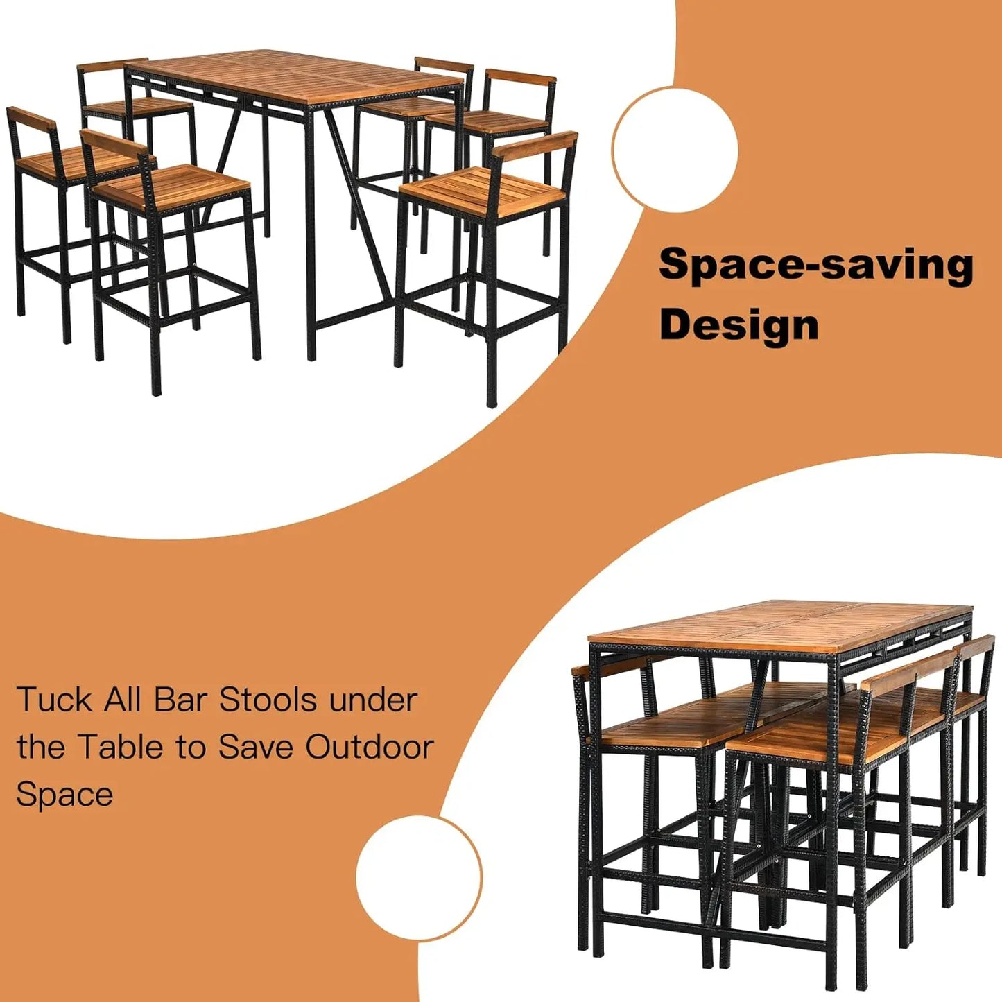 7pc Wood Bar Table Set w/ Umbrella Hole - High Bistro Table & 6 Stools