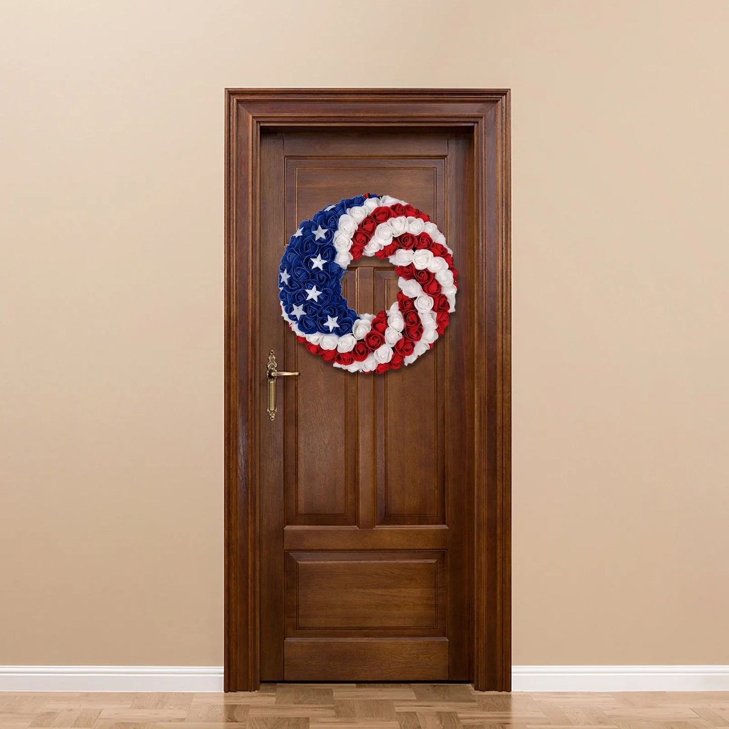 4th of July Rose Floral Wreath – American Flag Star Front Door Patriotic Garland