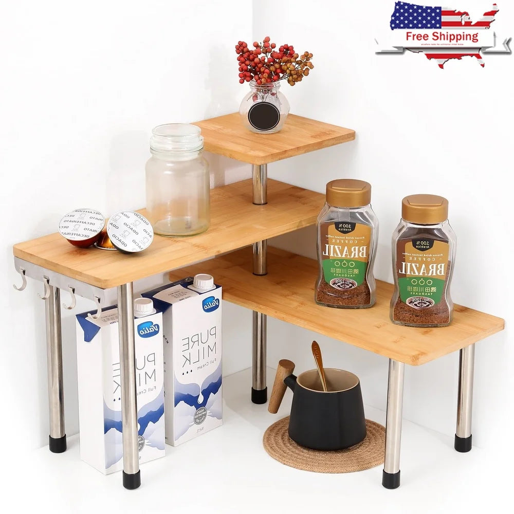 3-Tier Bamboo Corner Organizer – Tiered Countertop Storage Shelf