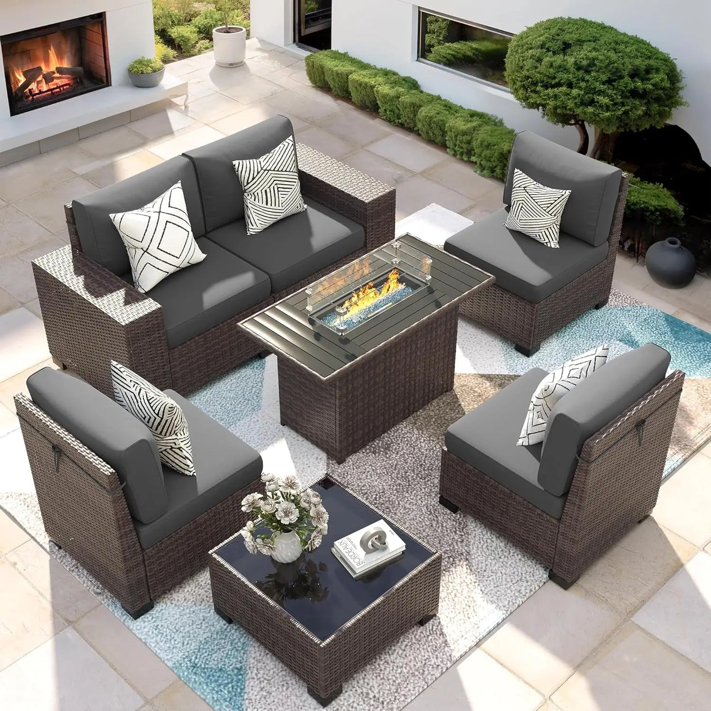 7 Piece Patio Furniture Set With Fire Pit Table, Outdoor , Wicker Rattan