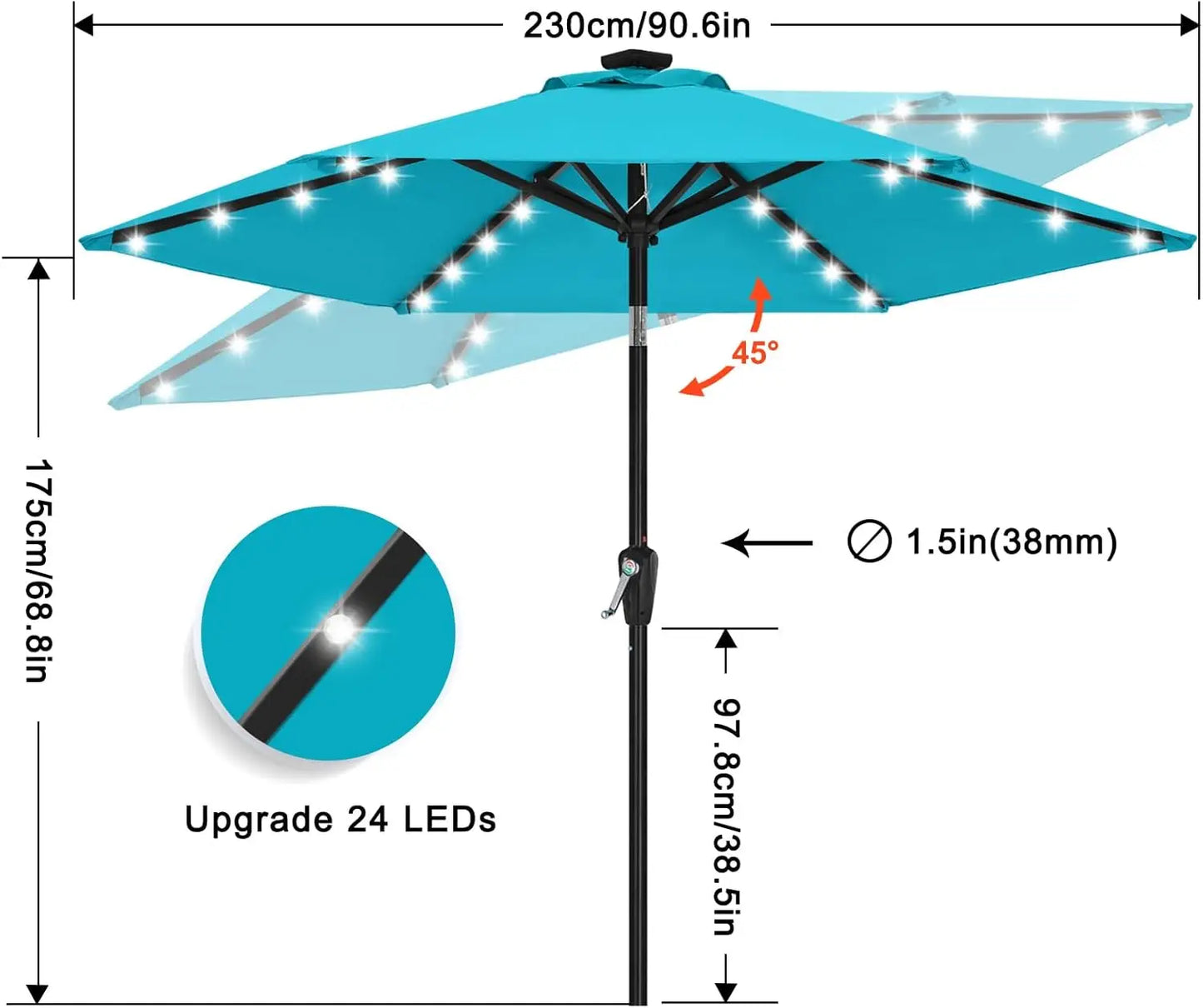 7.5FT Solar Patio Umbrella – Durable Outdoor Umbrella with 24 LED Lights for Garden & Backyard (Turquoise)