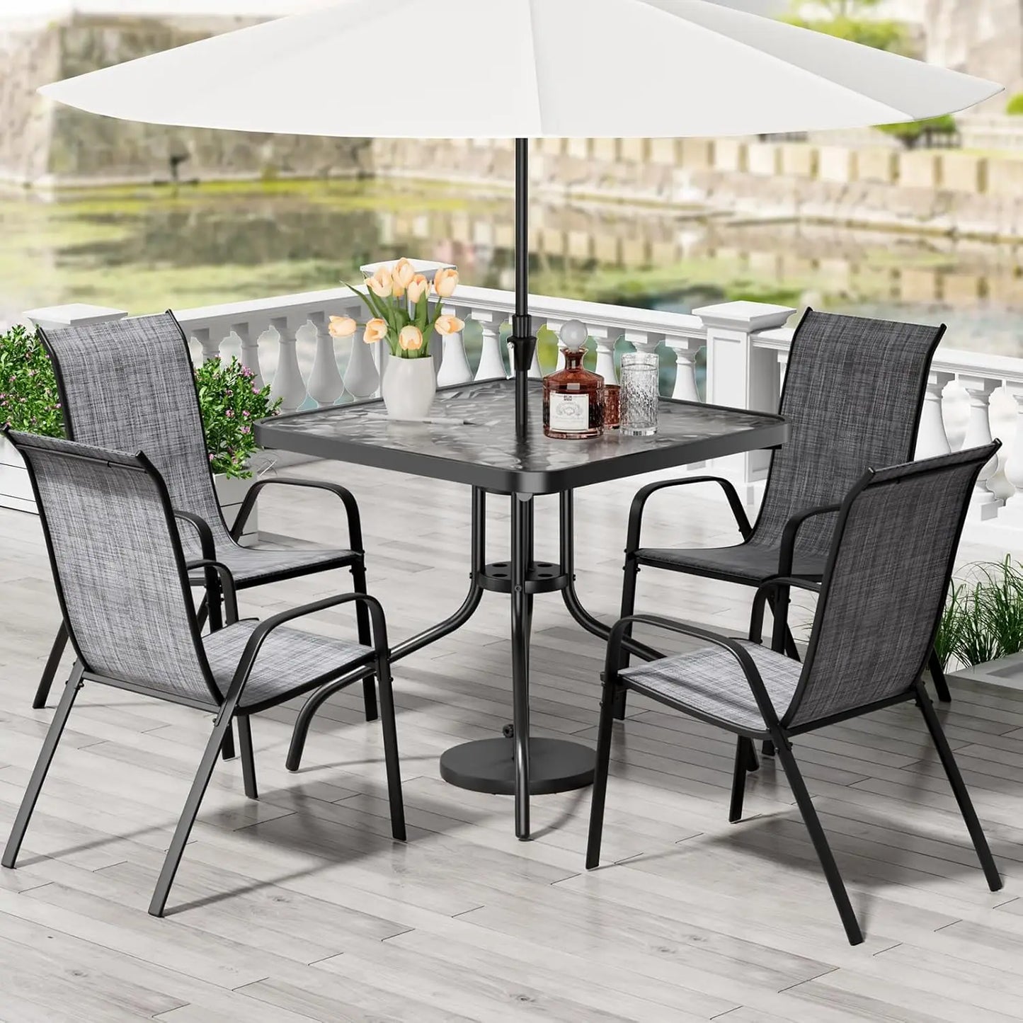 5‑Piece Patio Dining Set – All‑Weather Metal Furniture with 30"×30" Table & 4 Stackable Chairs