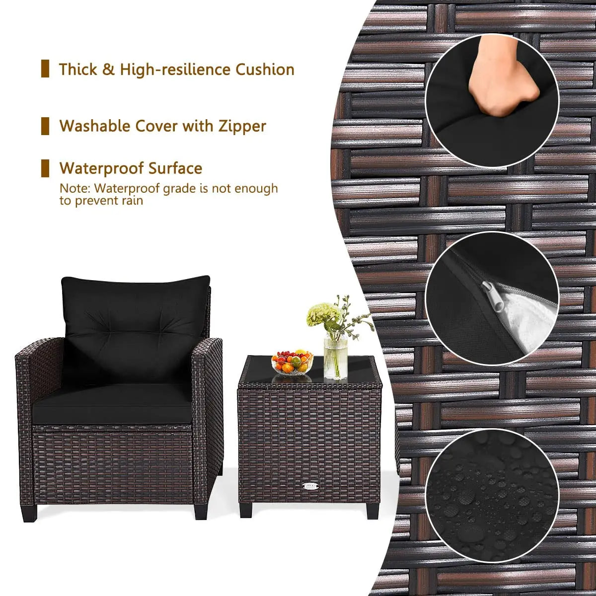 3‑Piece PE Rattan Patio Furniture Set – Outdoor Chairs with Washable Cushions & Tempered Glass Table (Multiple Colors)