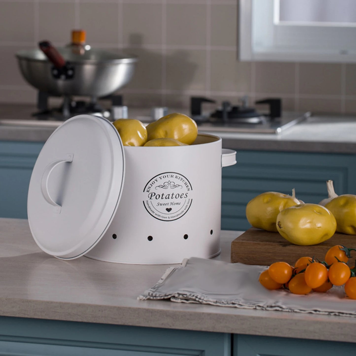 Potato Onion Garlic Storage Bin Metal with Airtight Lid for Pantry or Countertop