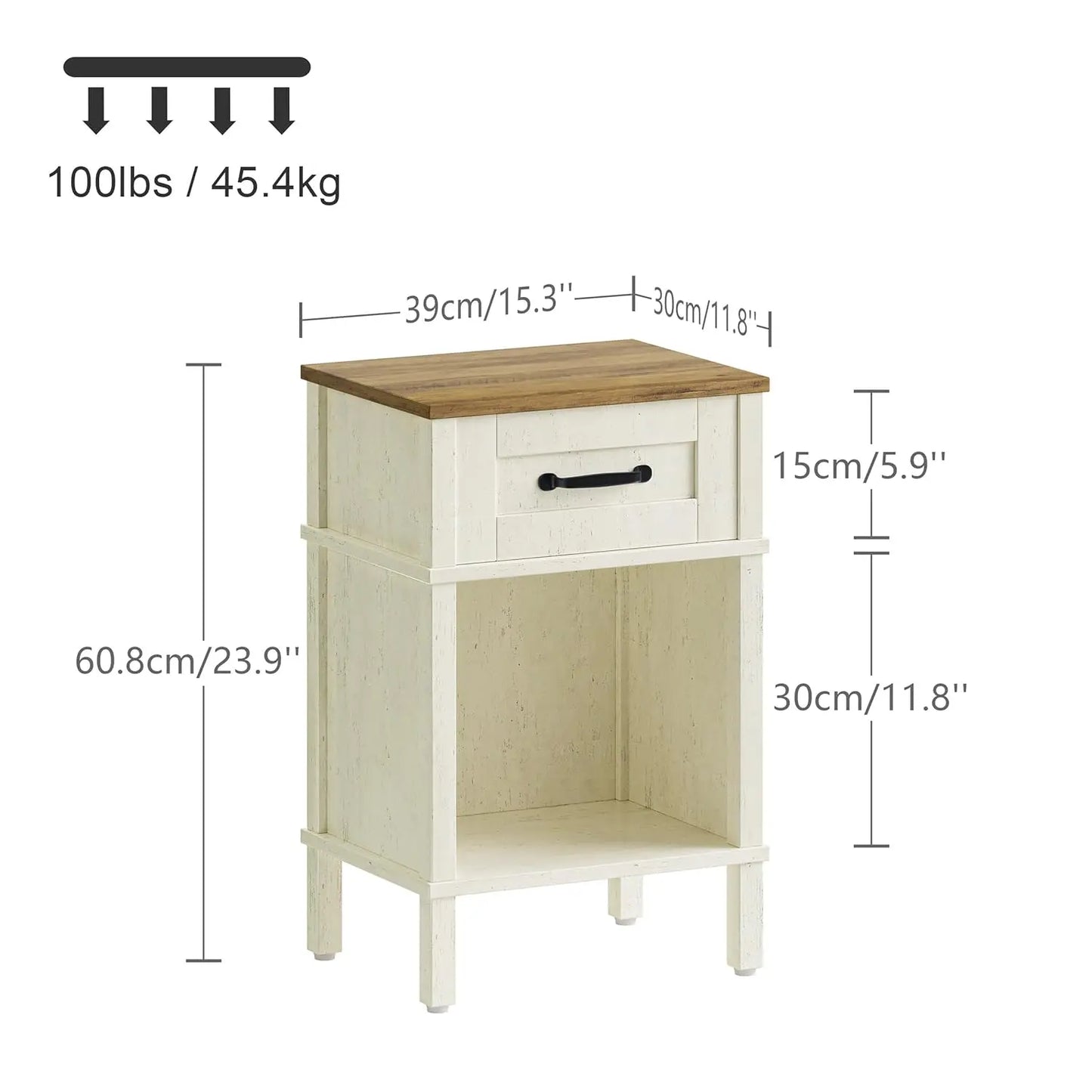 White Bedside Table with Drawer – Small Farmhouse Wooden Nightstand for Bedroom