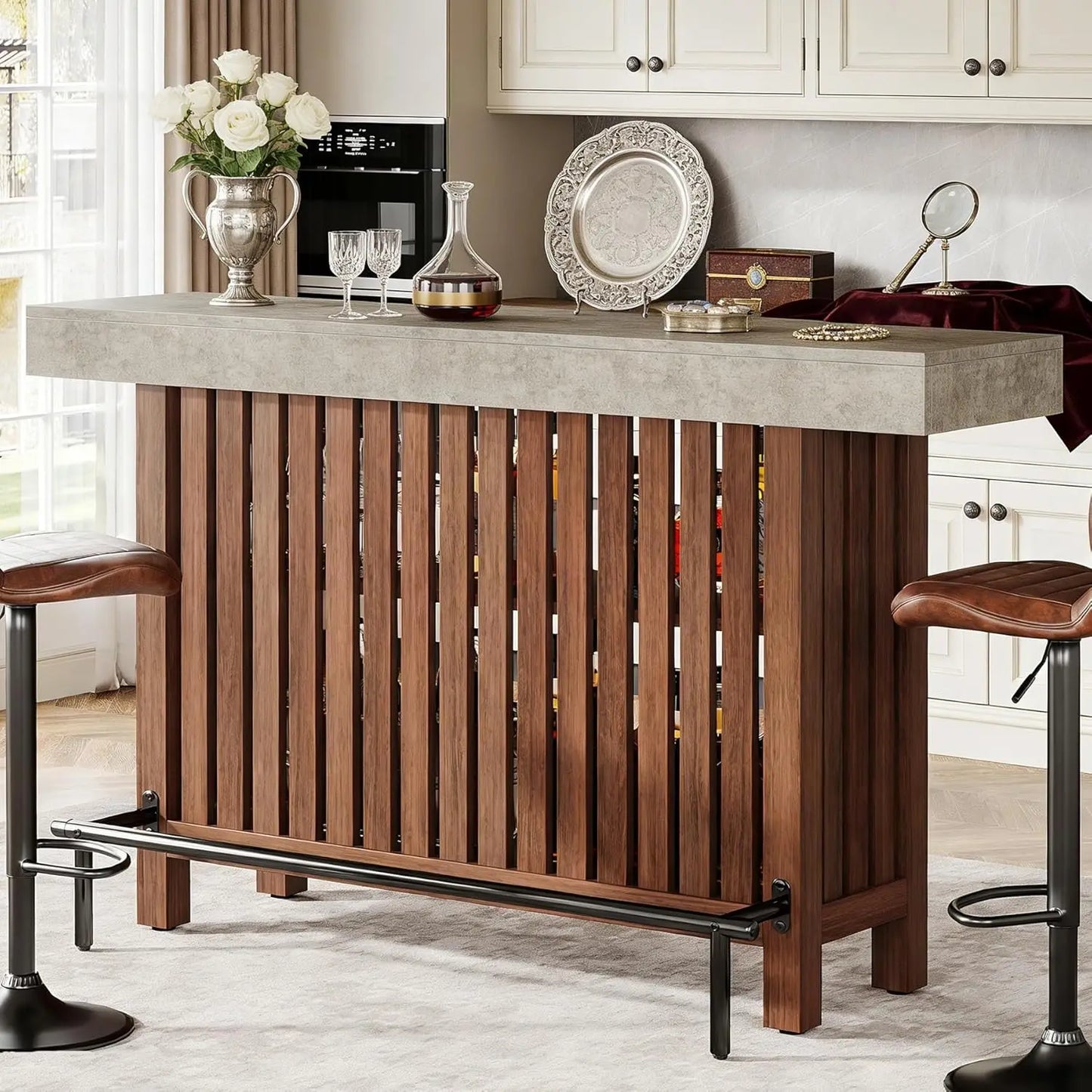63" Counter Height Bar Table with Footrest 2-Tier Storage Shelf