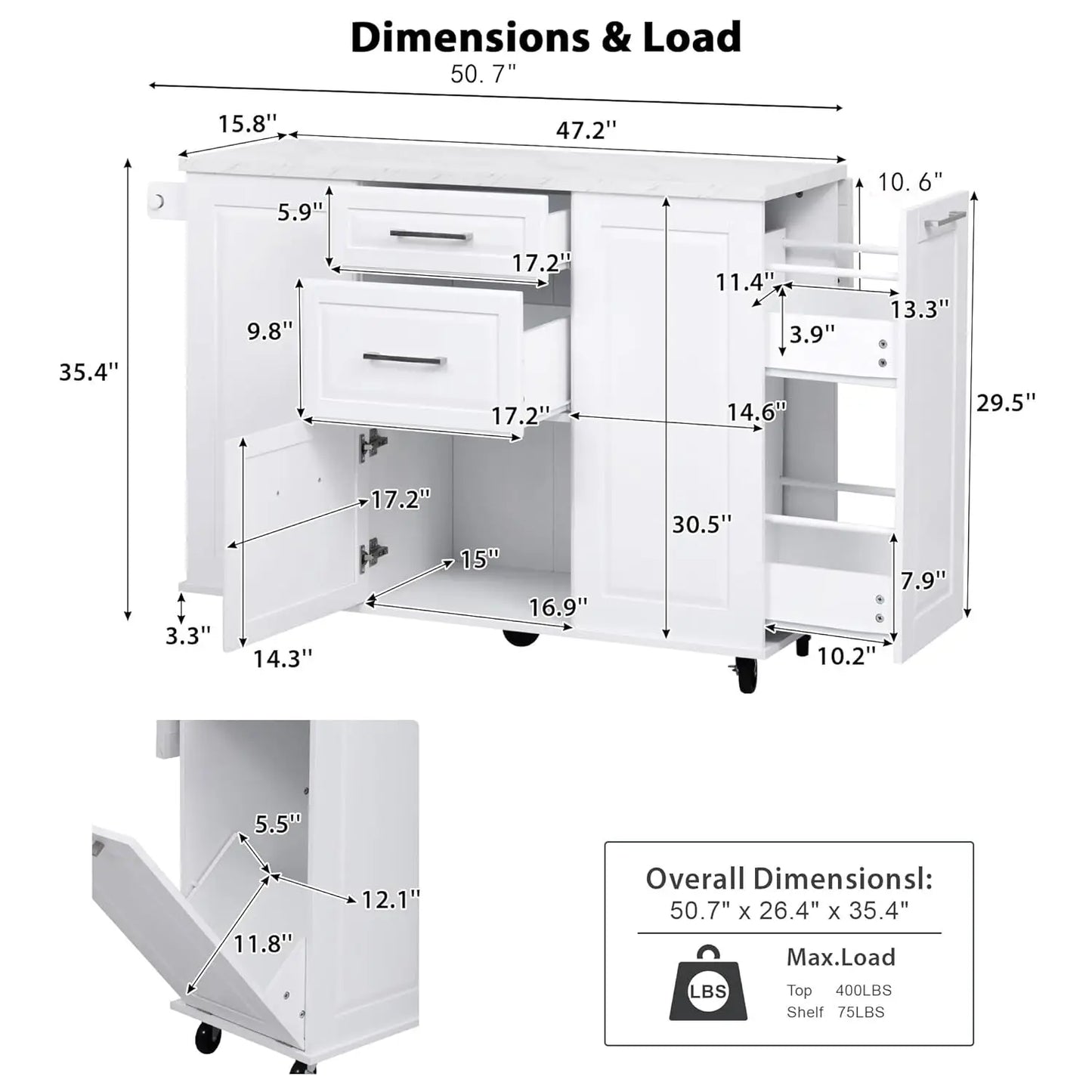 50.7" Rolling Kitchen Island Cart with Faux Marble Top Drop Leaf with Trash Can Storage Cabinet