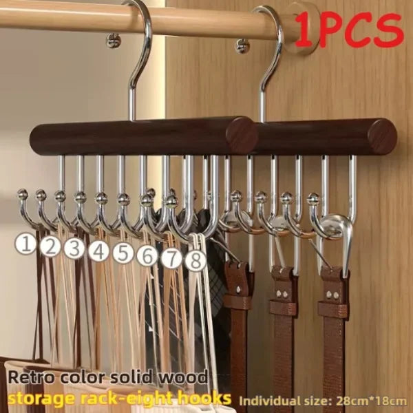 Multi-Functional Solid Wood Hanger Featuring 8 Hooks, Perfect for Apartments and Bedrooms Without Crowding