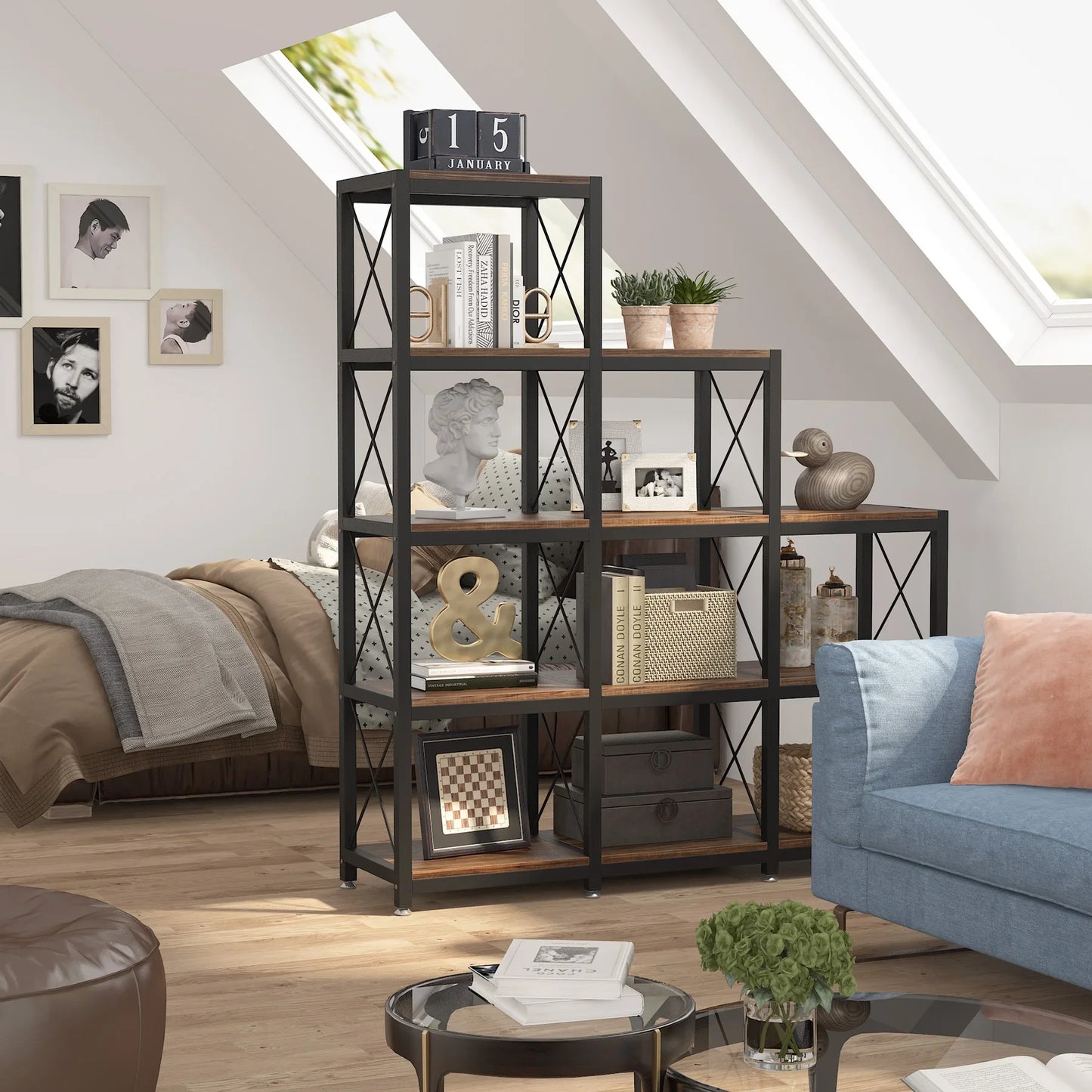 9-Cube Stepped Etagere Bookshelf | 12-Shelf Industrial Ladder Bookcase