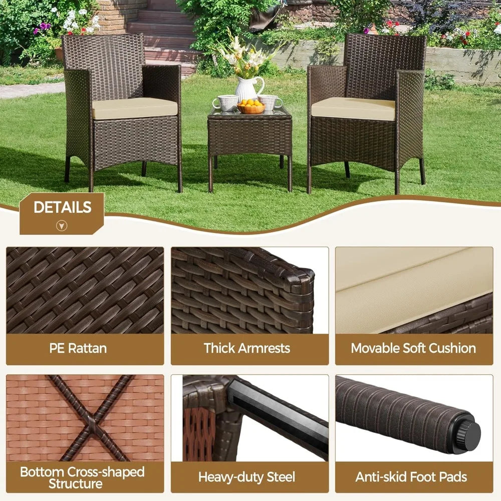 3-Piece Outdoor Patio Set: Rattan Chairs, Cushions, & Glass Top Table