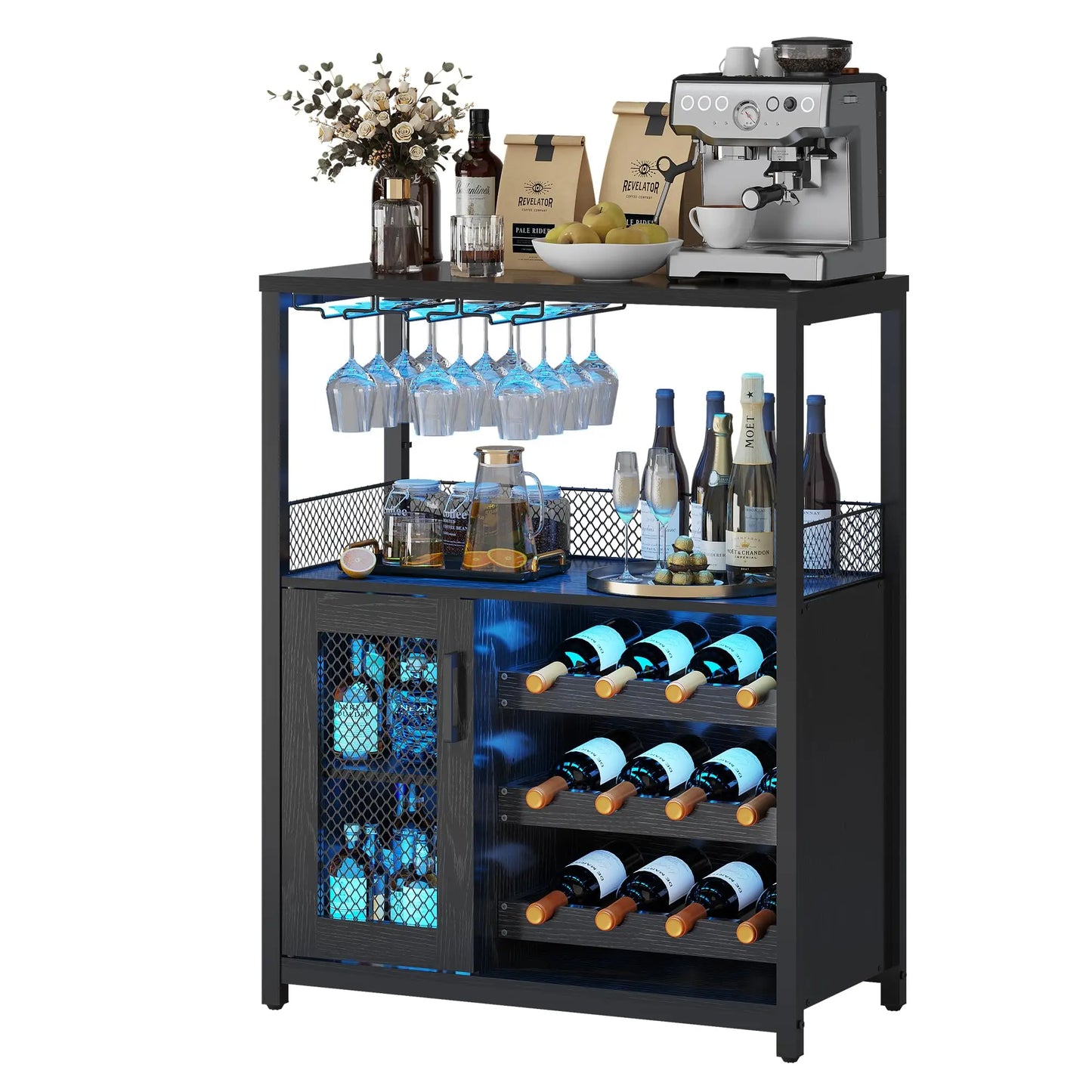 Vintage 3-Tier Wine Bar Cabinet With Adjustable Shelves & Glass Holder