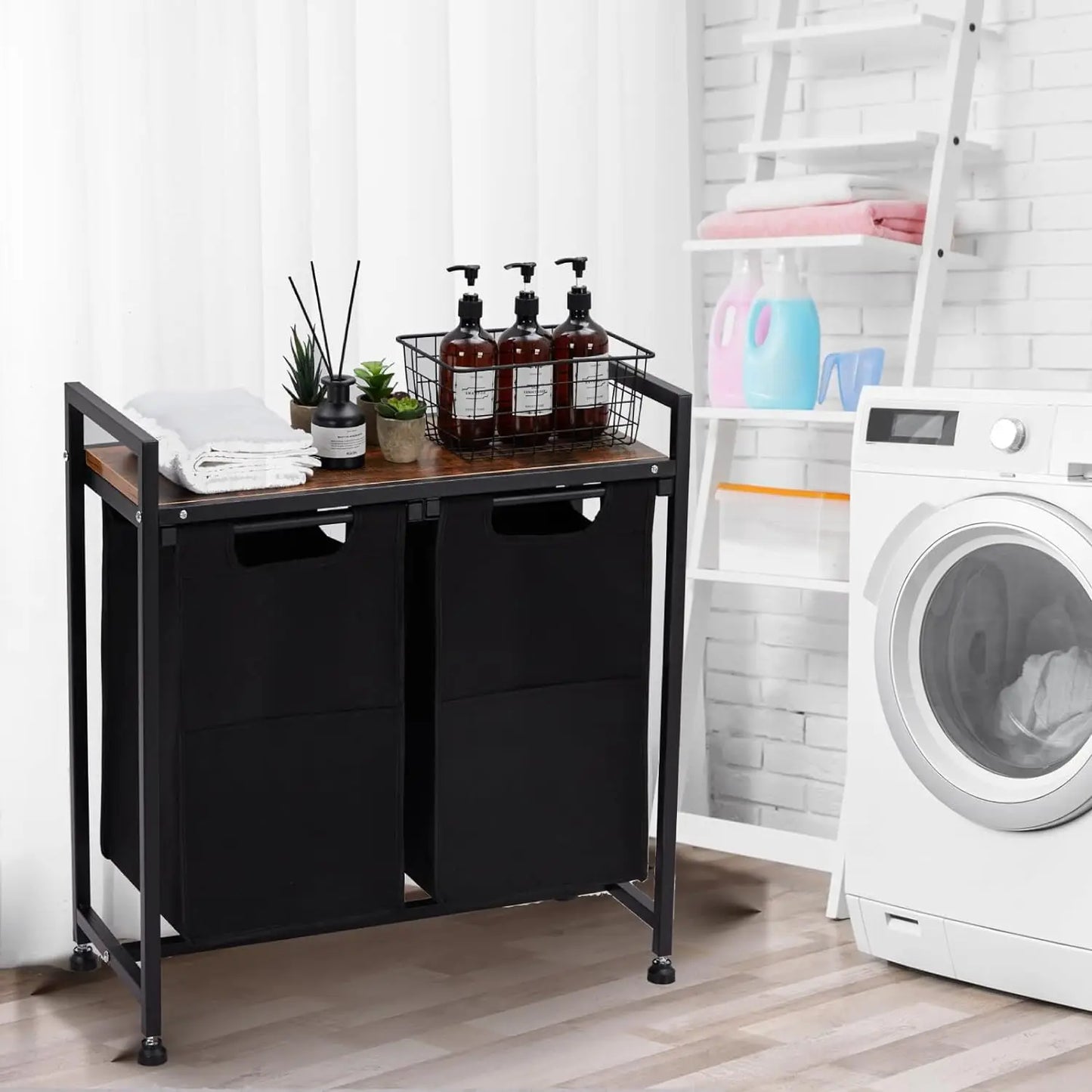 Laundry Basket Organizer, Laundry Sorter 2 Section with Removable Laundry Bag and Top Shelf