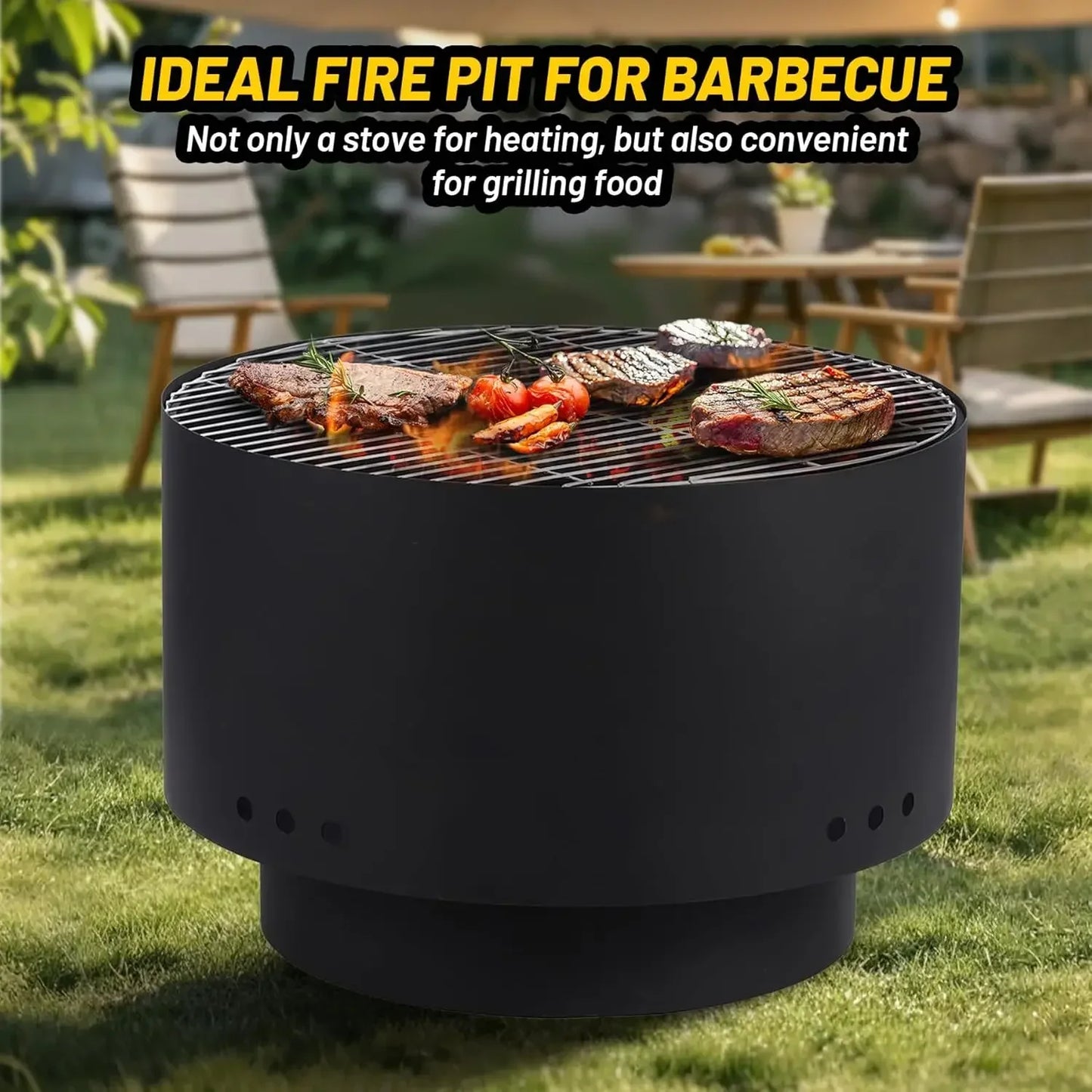 26" Smokeless Outdoor Fire Pit – Wood‑Burning Fire Bowl with Mesh Lid, Cooking Grate & Portable Folding Legs