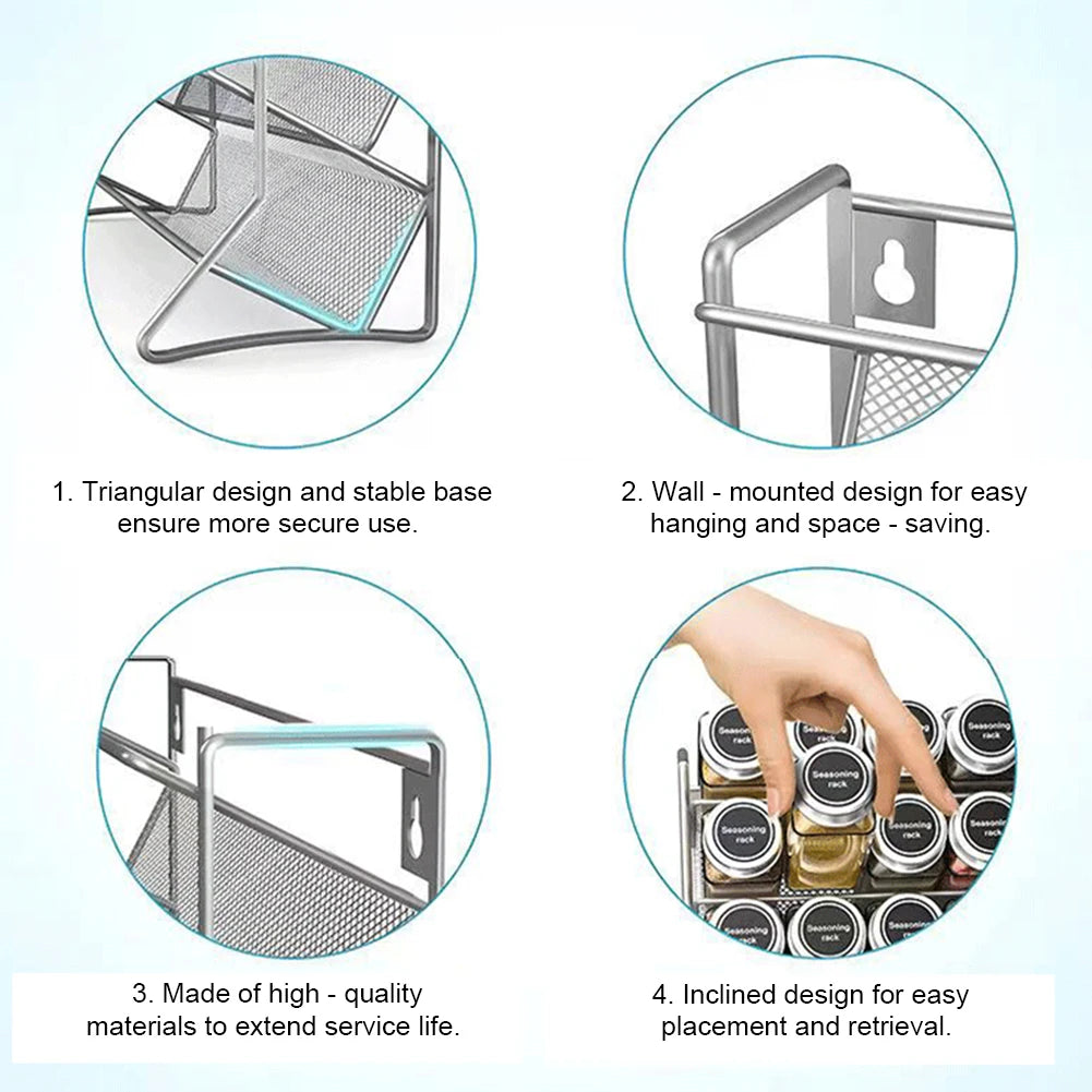 4‑Tier Wall‑Mounted Spice Rack – Carbon Steel Herb & Seasoning Organizer for Small Jars