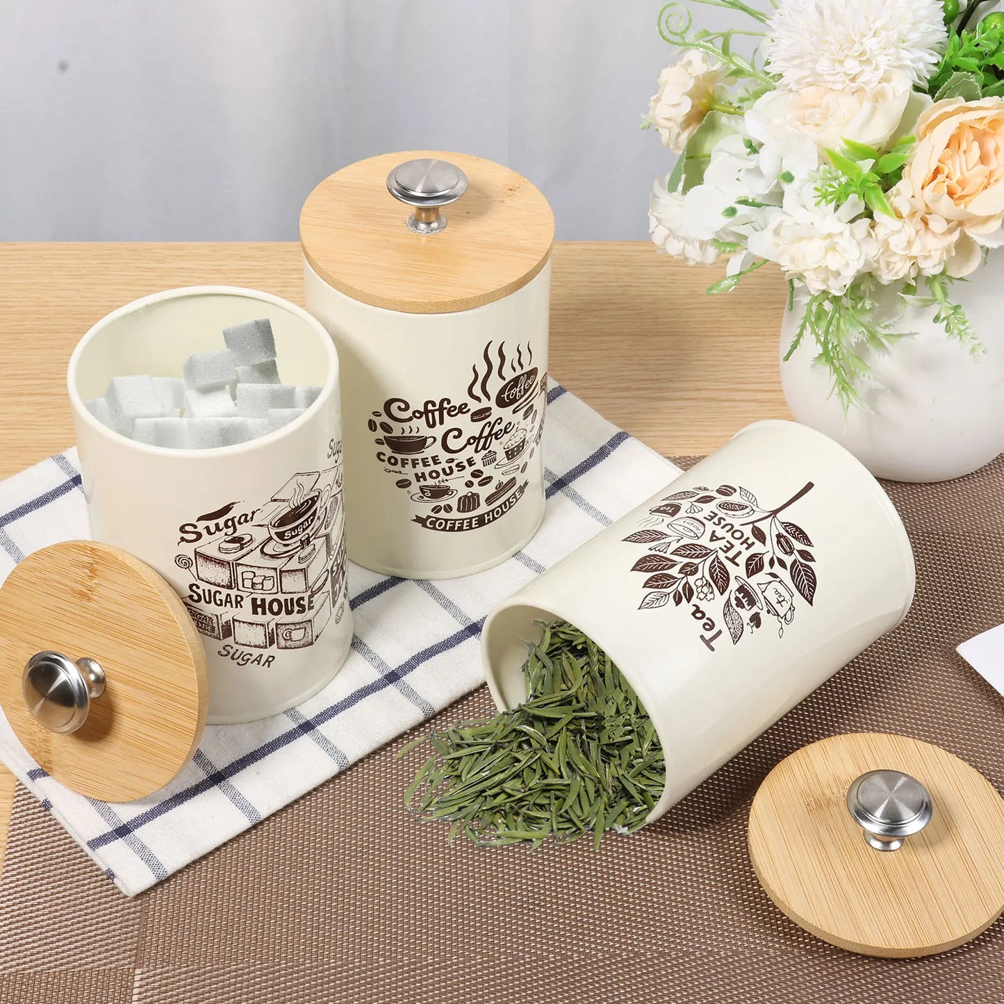 3Pcs Kitchen Coffee Sugar Tea Canister Set - Vintage Metal Food Storage Box
