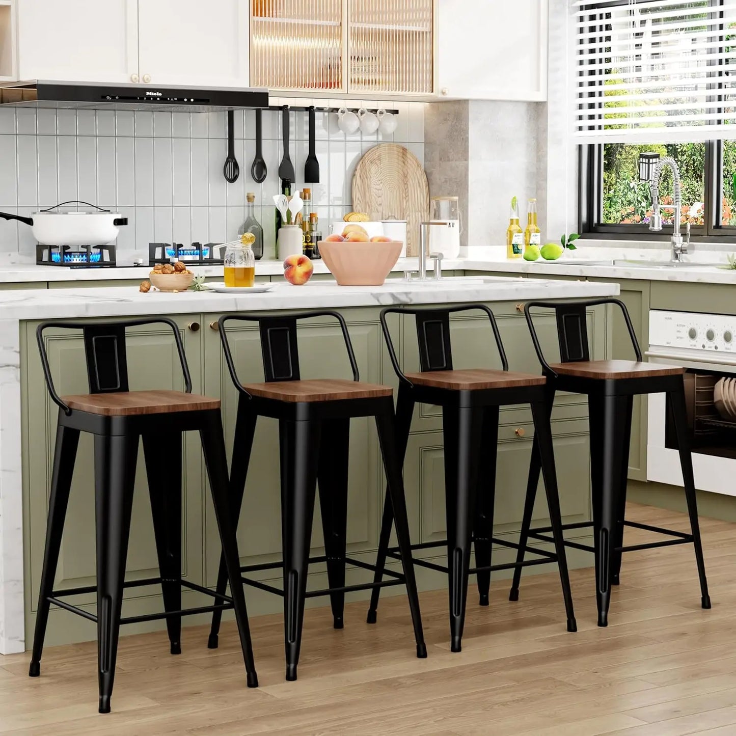 Set of 4 Black Metal Bar Stools with Removable Back, Wooden Seat, 26" Counter Height, Stackable Design