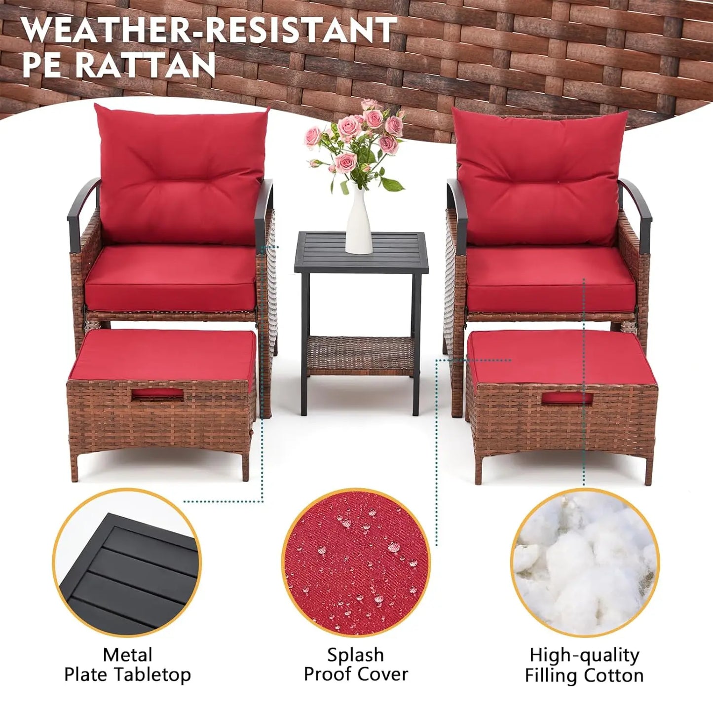 5 Pieces Patio Furniture Set, Outdoor Rattan Chairs with Metal Coffee Table, Ottomans & Soft Cushions