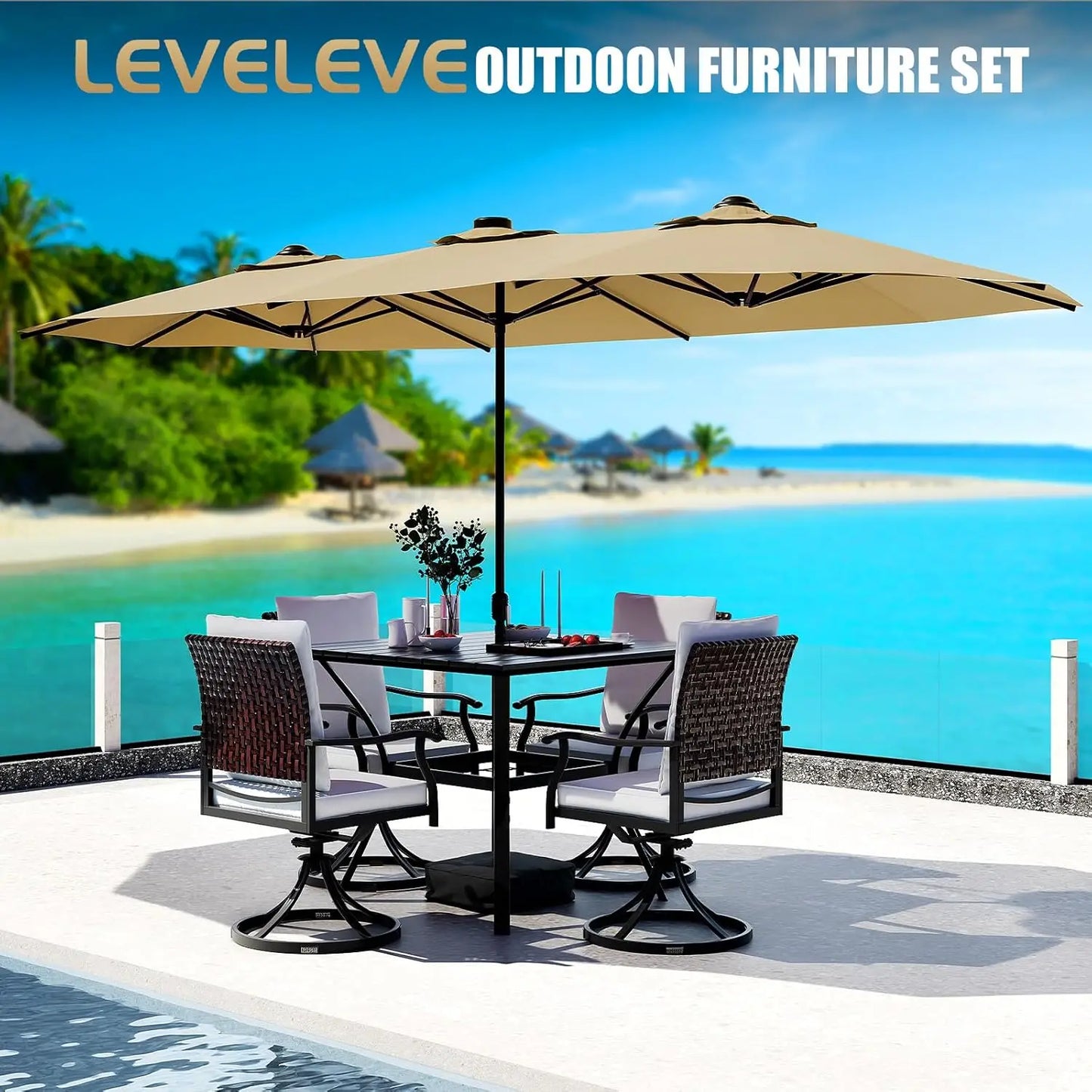 15FT Double‑Sided Patio Umbrella with Base – Large Rectangular Outdoor Shade for Backyard, Poolside & Garden (Khaki)