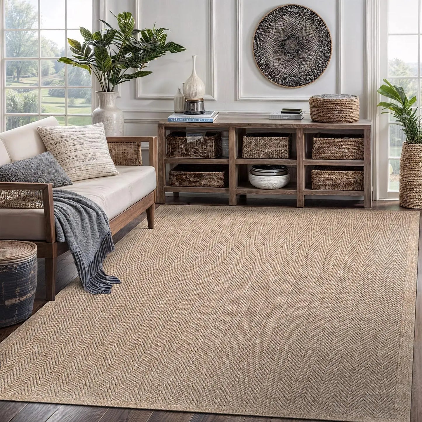 5x7 Natural Area Rug, Herringbone Seagrass Design for Indoor Outdoor Use