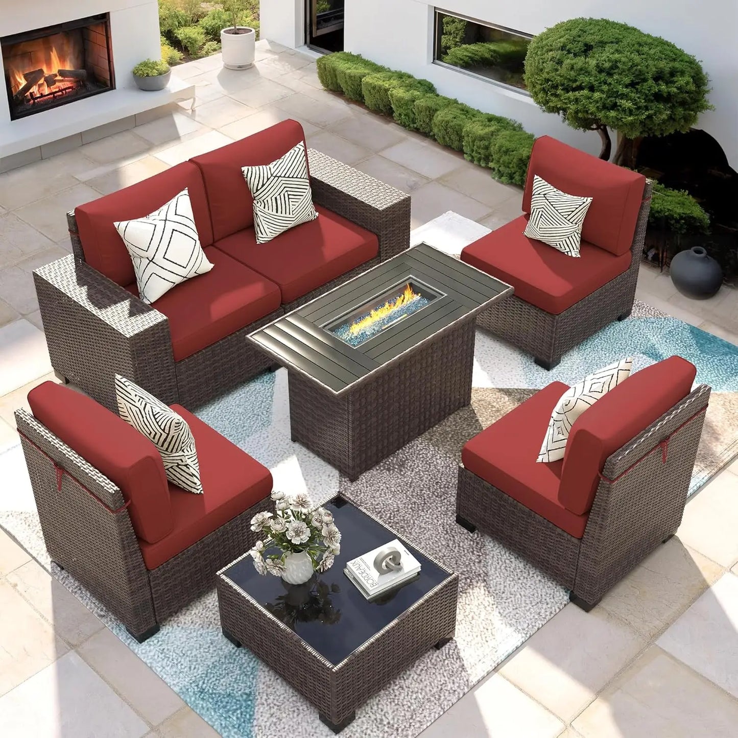 7‑Piece Patio Furniture Set with Fire Pit Table – Wicker Rattan Outdoor Sectional Conversation Set