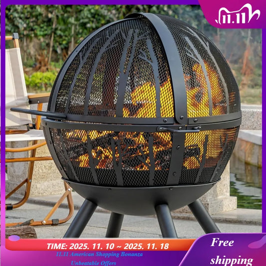 35" Wood Burning Fire Pit with BBQ Grill, Heavy Duty Fire Pit Ball for Outside with Spark Screen