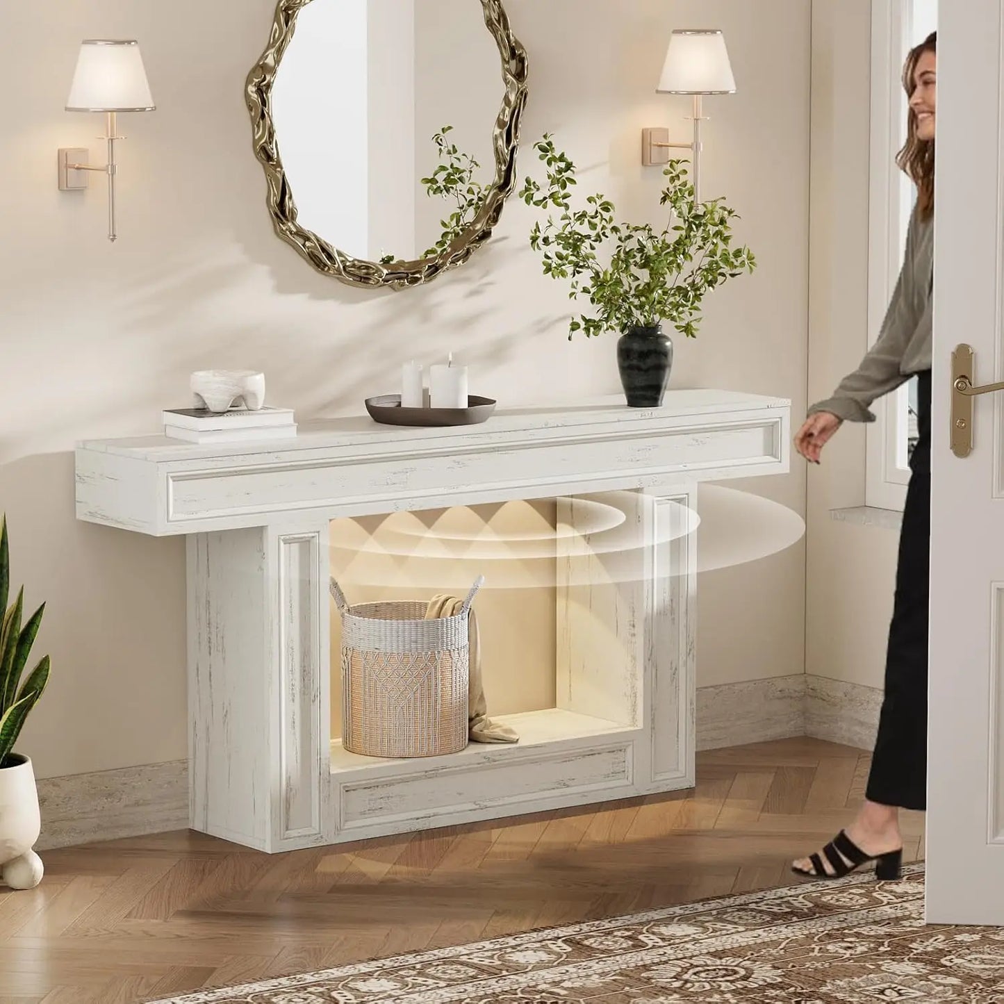 63" Console Table, 2-Tier Entryway Table with Sensor Lights