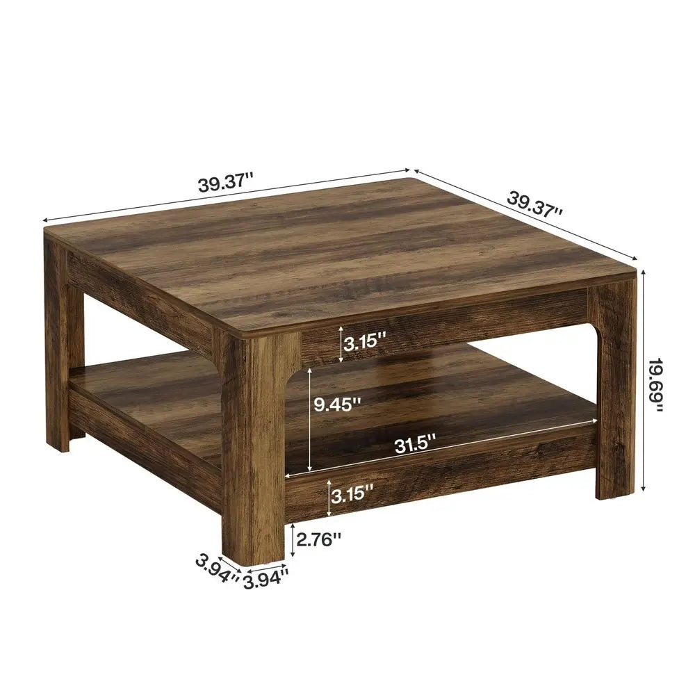 39" Square Coffee Table with Storage – Large Rustic Brown Farmhouse Center Table for Living Room